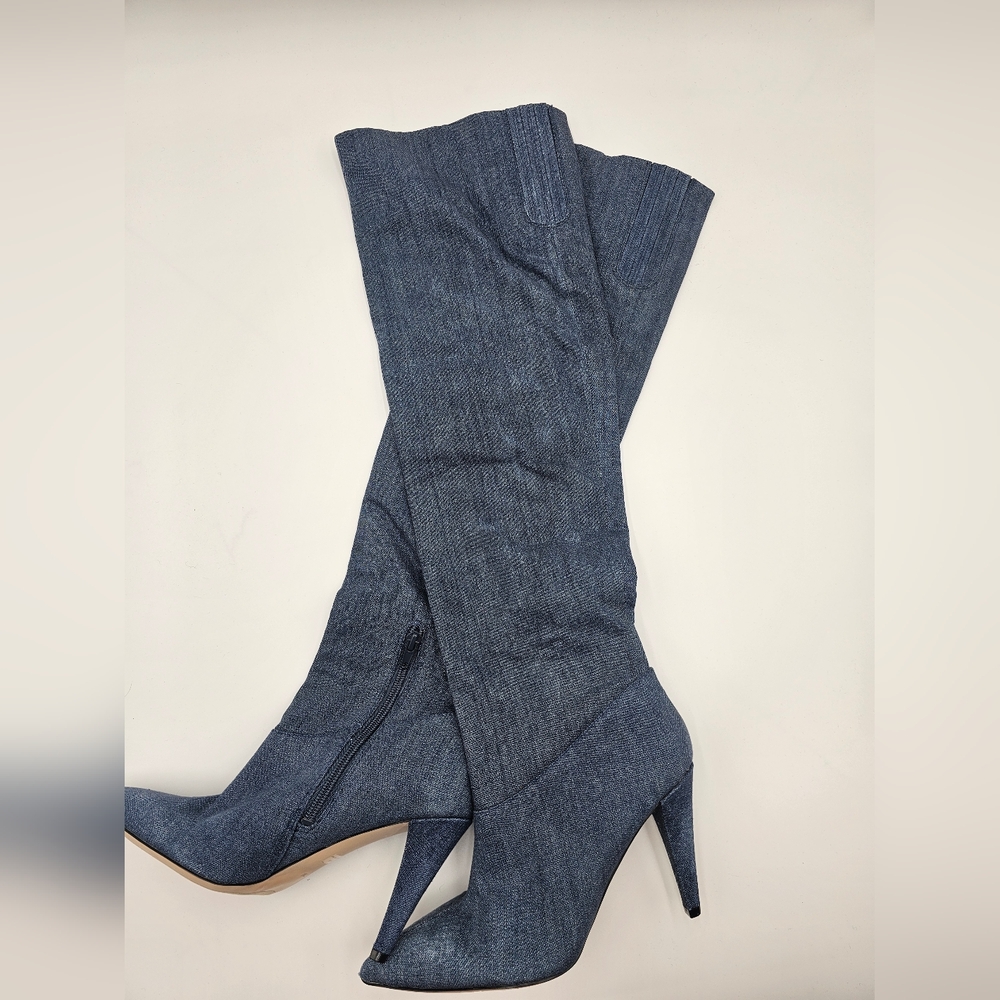 Guess Knee High Denim Stiletto Boots Size 7 | Pointed Toe Heels Y2K Retro Style - Picture 13 of 16